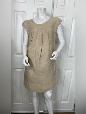 💯Linen Thread Social Natural Beige Pleated Cap-Sleeve Mini Dress